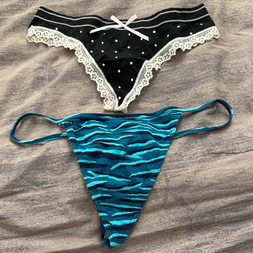 Victoria's Secret Black Polka Dot and Blue Zebra Print thong bundle.